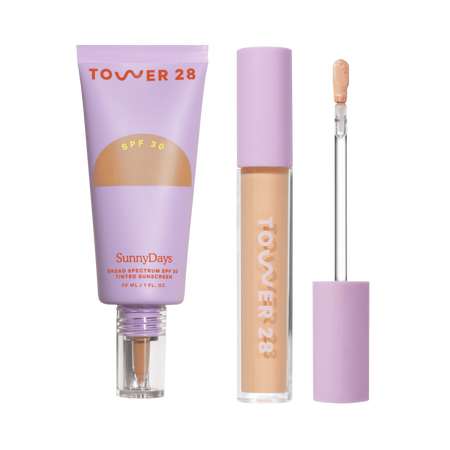 [Shared: Tower 28's Everyday Base-ics Set includes SunnyDays™ SPF 30 provides light-medium buildable coverage and UV protection, as well as Swipe Serum Concealer covers dark circles, redness, and blemishes with a skin-like natural finish.]