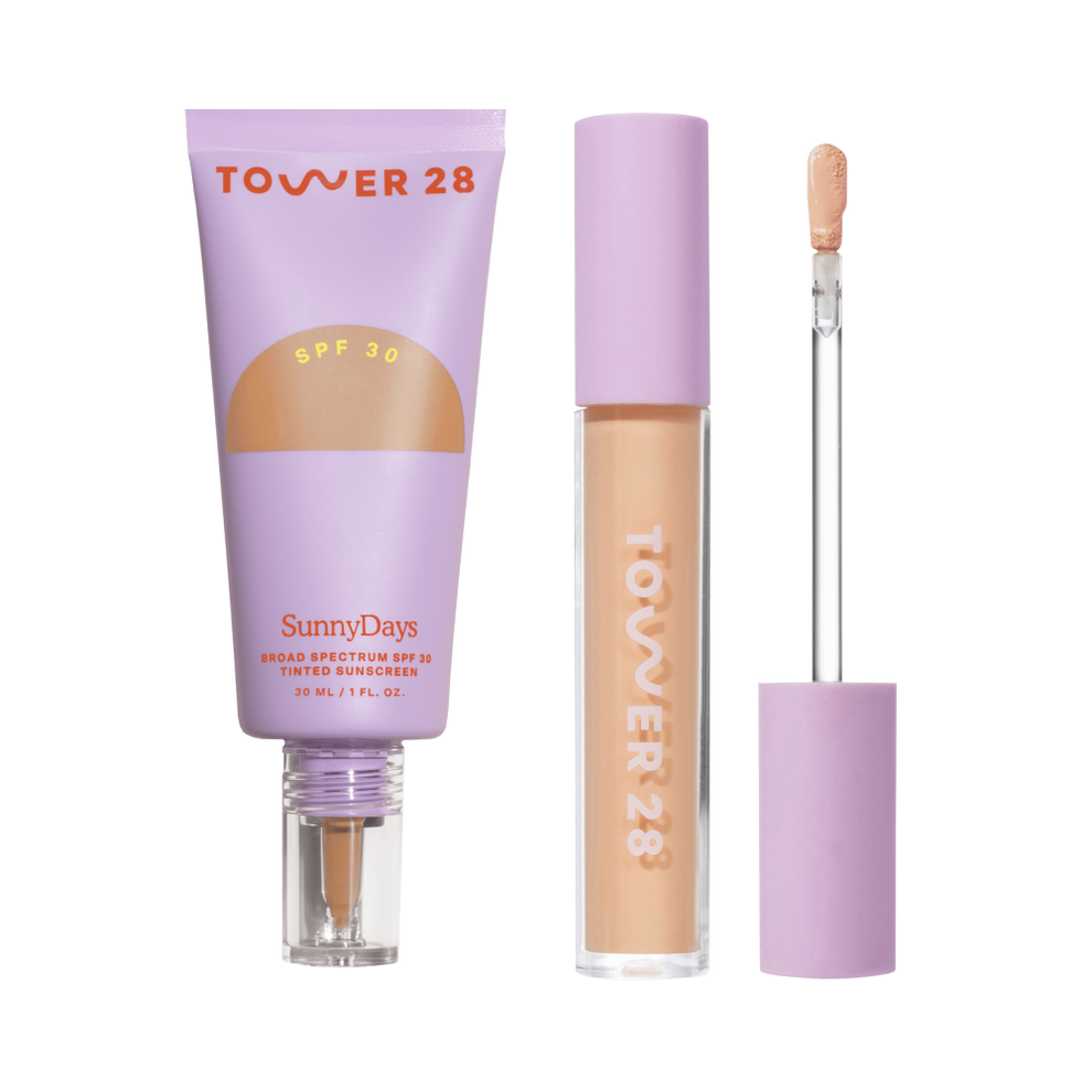 [Shared: Tower 28's Everyday Base-ics Set includes SunnyDays™ SPF 30 provides light-medium buildable coverage and UV protection, as well as Swipe Serum Concealer covers dark circles, redness, and blemishes with a skin-like natural finish.