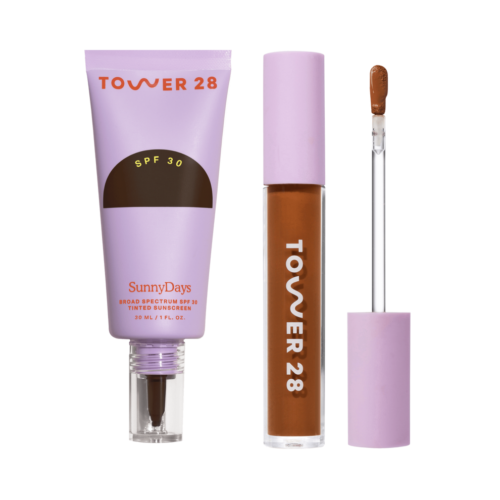 [Shared: Tower 28's Everyday Base-ics Set includes SunnyDays™ SPF 30 provides light-medium buildable coverage and UV protection, as well as Swipe Serum Concealer covers dark circles, redness, and blemishes with a skin-like natural finish.