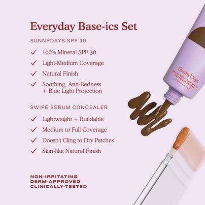 [Shared: Tower 28's Everyday Base-ics Set includes SunnyDays™ SPF 30 which is a 100% Mineral SPF, is light to medium coverage, has a natural finish, and is soothing while providing Blue Light Protection. Our Swipe Serum Concealer is lightweight and buildable, is medium to full-coverage, doesn't cling to dry patches and provides a skin-like natural finish. Our products are non-irritating, dermatologist approved, and clinically tested.]