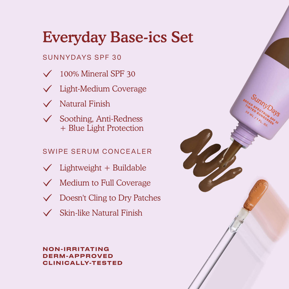[Shared: Tower 28's Everyday Base-ics Set includes SunnyDays™ SPF 30 which is a 100% Mineral SPF, is light to medium coverage, has a natural finish, and is soothing while providing Blue Light Protection. Our Swipe Serum Concealer is lightweight and buildable, is medium to full-coverage, doesn't cling to dry patches and provides a skin-like natural finish. Our products are non-irritating, dermatologist approved, and clinically tested.