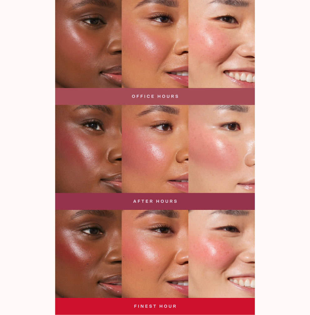 [Shared: A collage showing each of Tower 28 Beauty BeachPlease Cream Blush in Office Hours, After Hours, adn Finest Hour on three different models with light, medium, and deep skin tones.