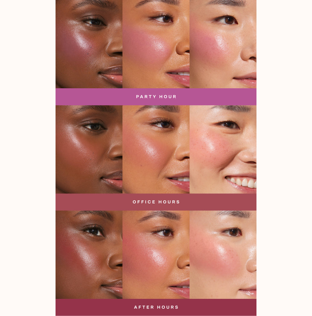 [Shared: A collage showing each of Tower 28 Beauty BeachPlease Cream Blush in Party Hour, Office Hours, and After Hours on three different models with light, medium, and deep skin tones.]