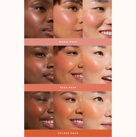 [Shared: A collage showing each of Tower 28 Beauty BeachPlease Cream Blush in Magic Hour, Rush Hour and Golden Hour on three different models with light, medium, and deep skin tones.]