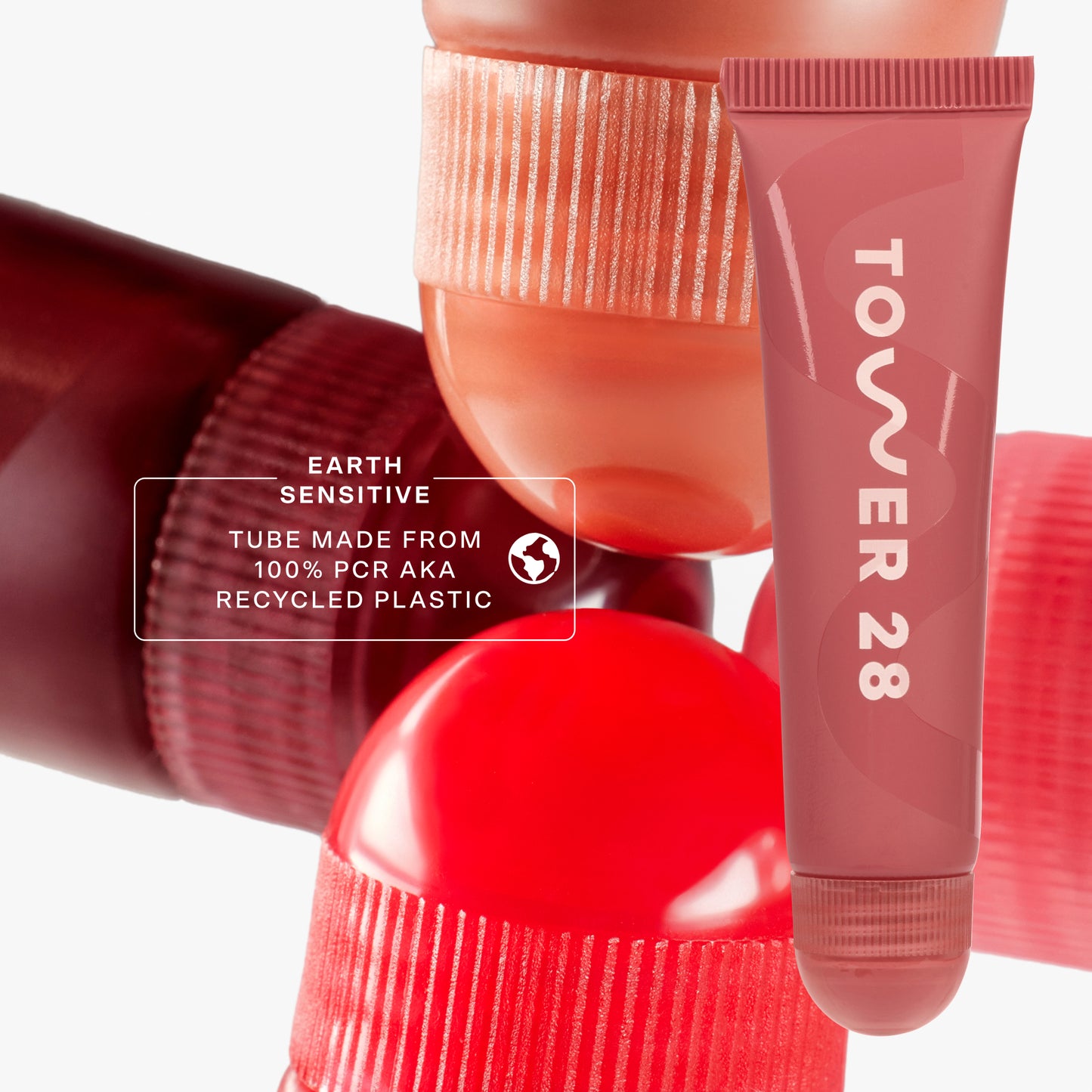 [Tower 28 Beauty LipSoftie™ Lip Treatment in Sugar Plum has 100% recycled plastic packaging.]