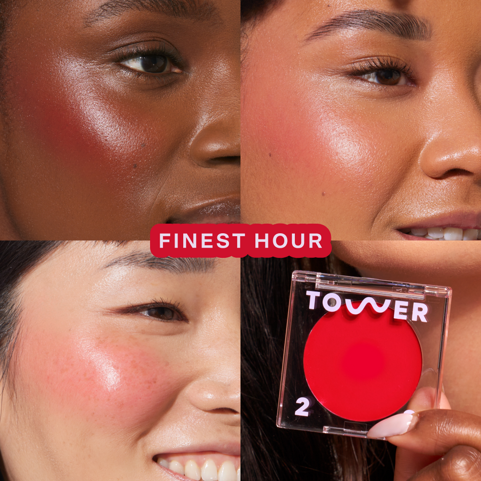 A quad showing Tower 28 Beauty BeachPlease Cream Blush in Finest Hour on three different models with light, medium, and deep skin tones.