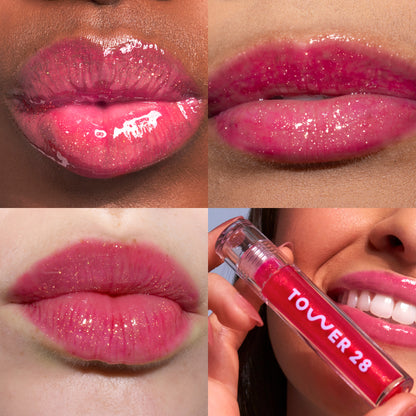 Iced XOXO Lip Jelly [The Tower 28 Beauty ShineOn Lip Jelly in the shade Iced XOXO shown on different skin tones.]