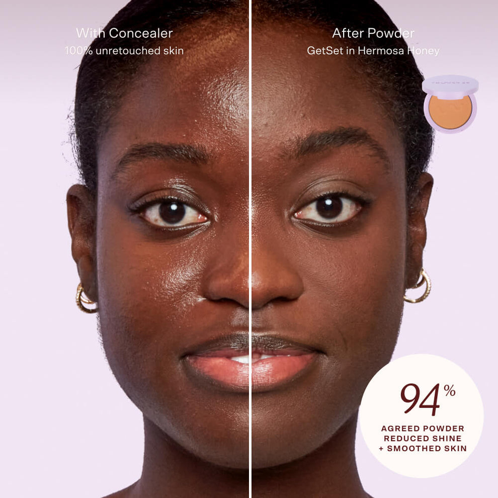 [Shared: 94% of users agreed that The Tower 28 Beauty GetSet Blur + Set Pressed Powder reduced their shine and smoothed skin.