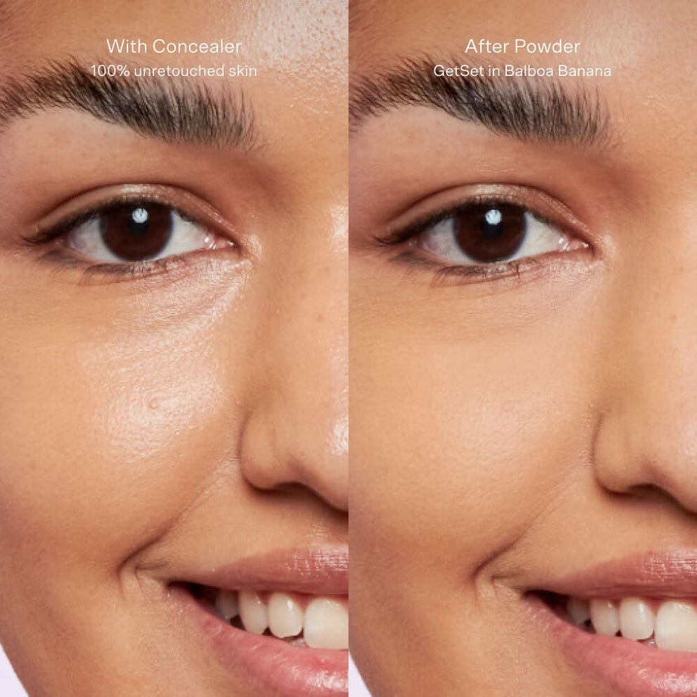 The Tower 28 Beauty GetSet Blur + Set Pressed Powder’s effects are shown in this Before and After comparison in the shade Balboa Banana.