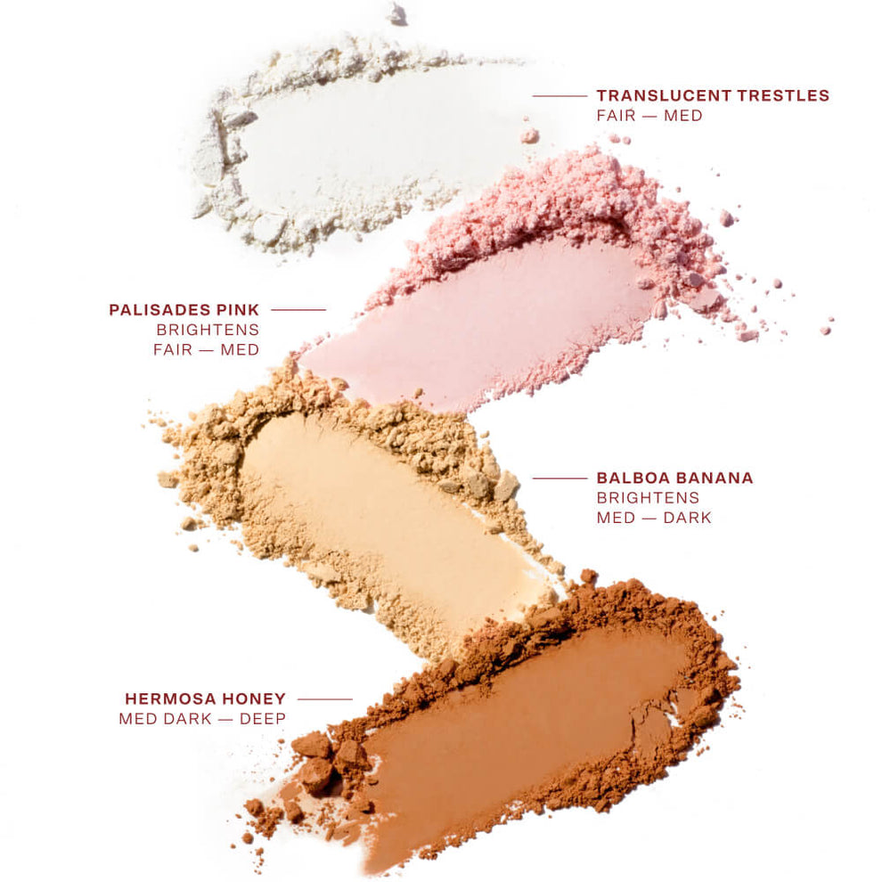 [Shared: All shades of GetSet Blur + Set Pressed Powder shown with Blurring and Brightening Options