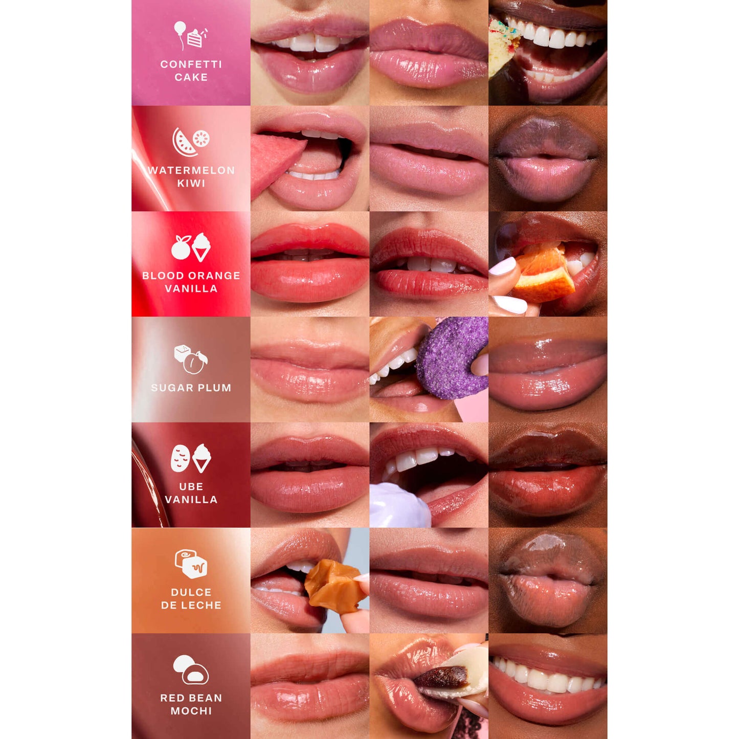 [Shared: Tinted shades of the Tower 28 Beauty LipSoftie™ Lip Treatment applied on three different skin tones]