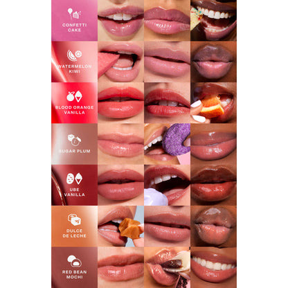 [Shared: Tinted shades of the Tower 28 Beauty LipSoftie™ Lip Treatment applied on three different skin tones]