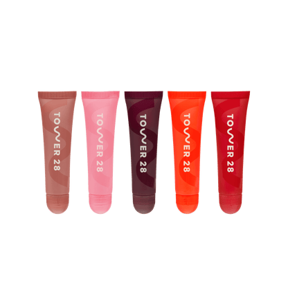 [Family group photo of the Tower 28 Beauty LipSoftie™ Lip Treatment on white]