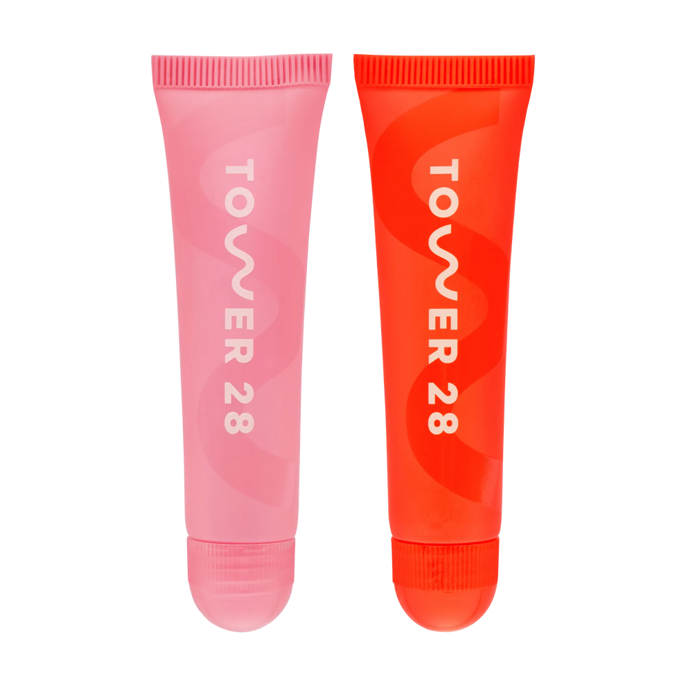 [Shared: Tower 28 Beauty  LipSoftie™ Date Night Duo pictured in Watermelon Kiwi and SOS Clear