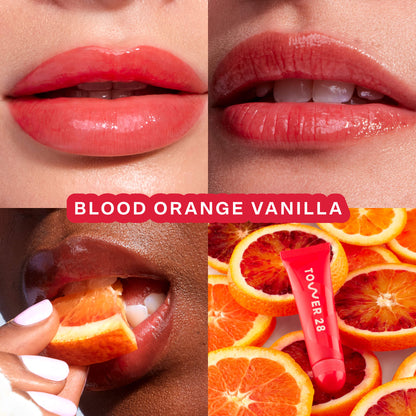 [Shared: Tower 28 Beauty's LipSoftie™ Lip Treatment in Blood Orange Vanilla applied on three different skin tones]