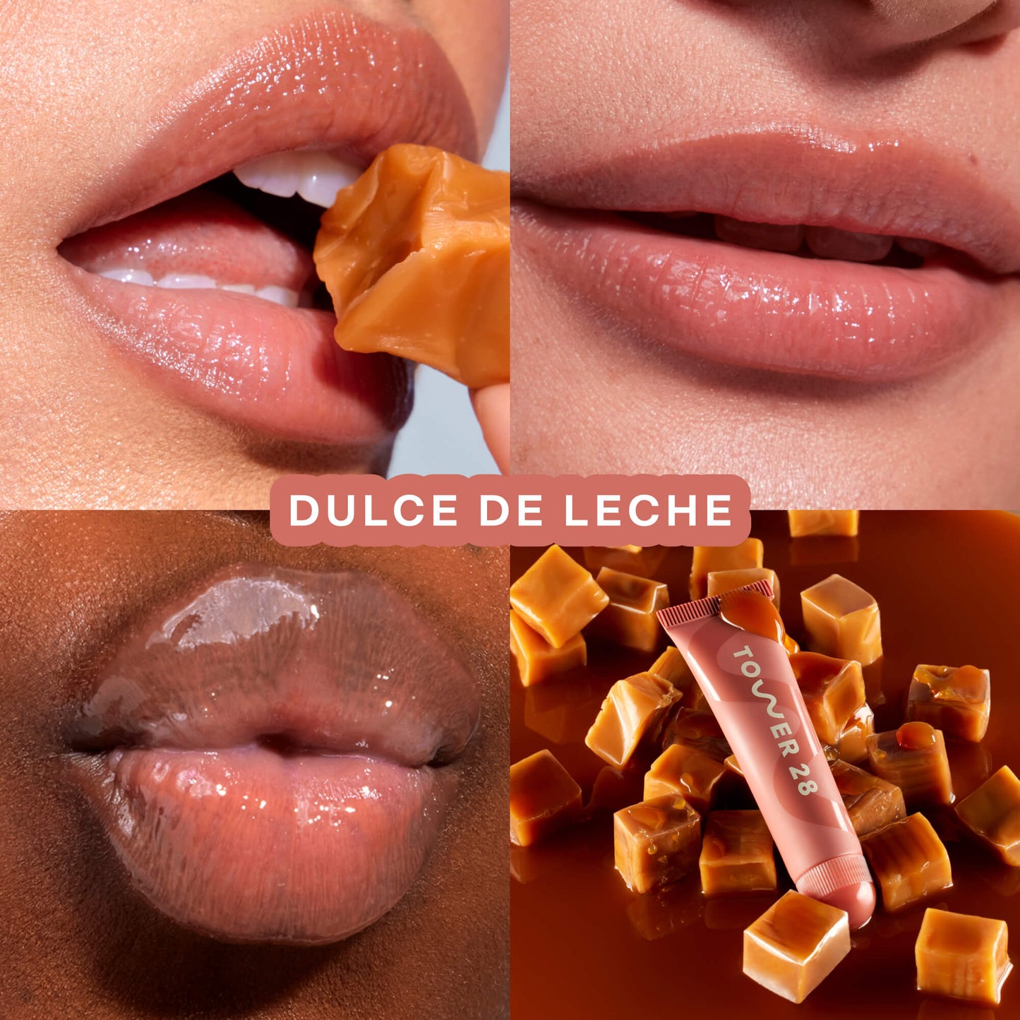 [Shared: Tower 28 Beauty's LipSoftie™ Lip Treatment in Dulce de Leche applied on three different skin tones]