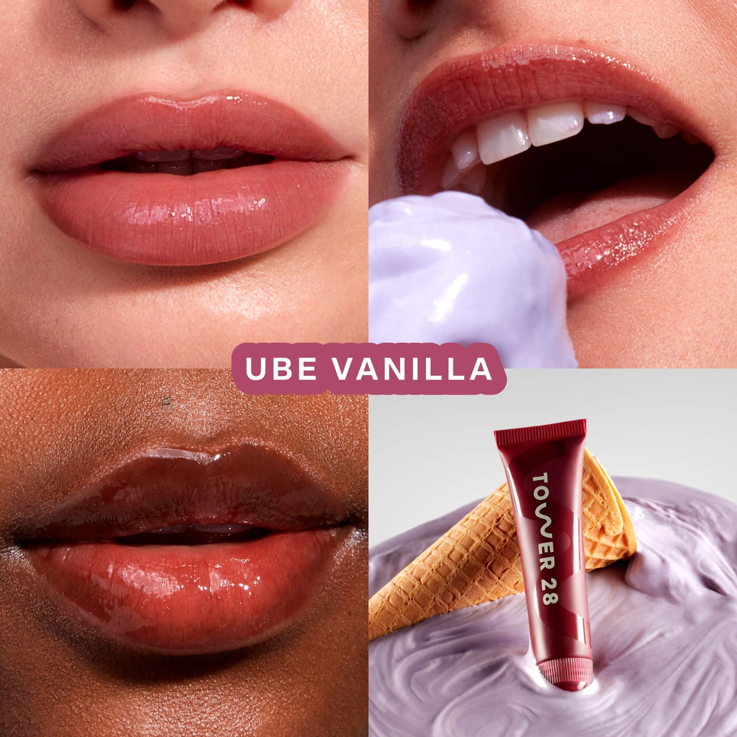 [Shared: Tower 28 Beauty's LipSoftie™ Lip Treatment in Ube Vanilla applied on three different skin tones]