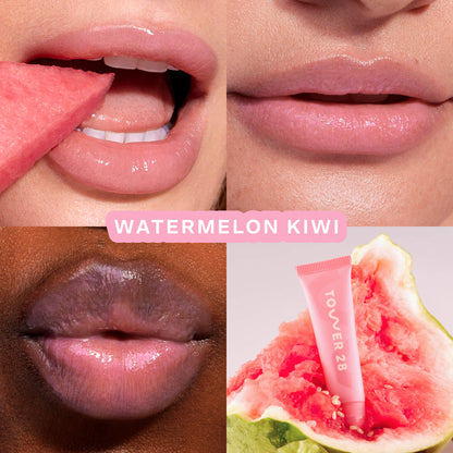 [Shared: Tower 28 Beauty's LipSoftie™ Lip Treatment in Watermelon Kiwi applied on three different skin tones]