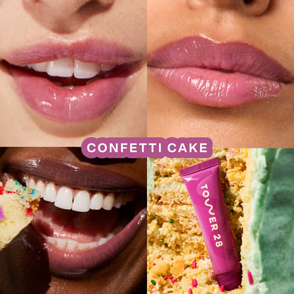 [Tower 28 Beauty's LipSoftie™ Lip Treatment in Confetti Cake applied on three different skin tones]