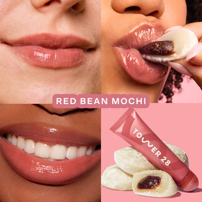 Red Bean Mochi [Tower 28 Beauty's LipSoftie® Lip Treatment in Red Bean Mochi applied on three different skin tones]