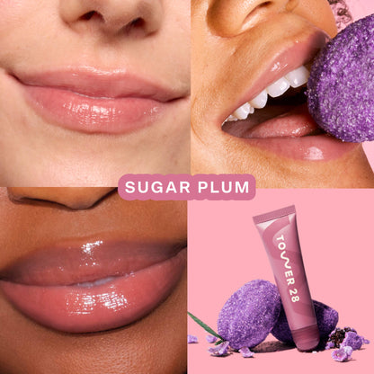 Sugar Plum [Tower 28 Beauty's LipSoftie® Lip Treatment in Sugar Plum applied on three different skin tones]