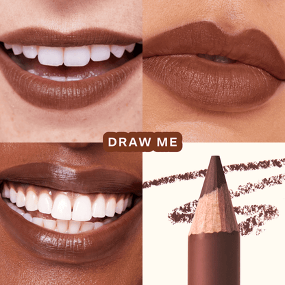 Shade: Draw Me [A model wearing the Tower 28 Beauty OneLiner in the shade Draw Me on her lips and eyes]