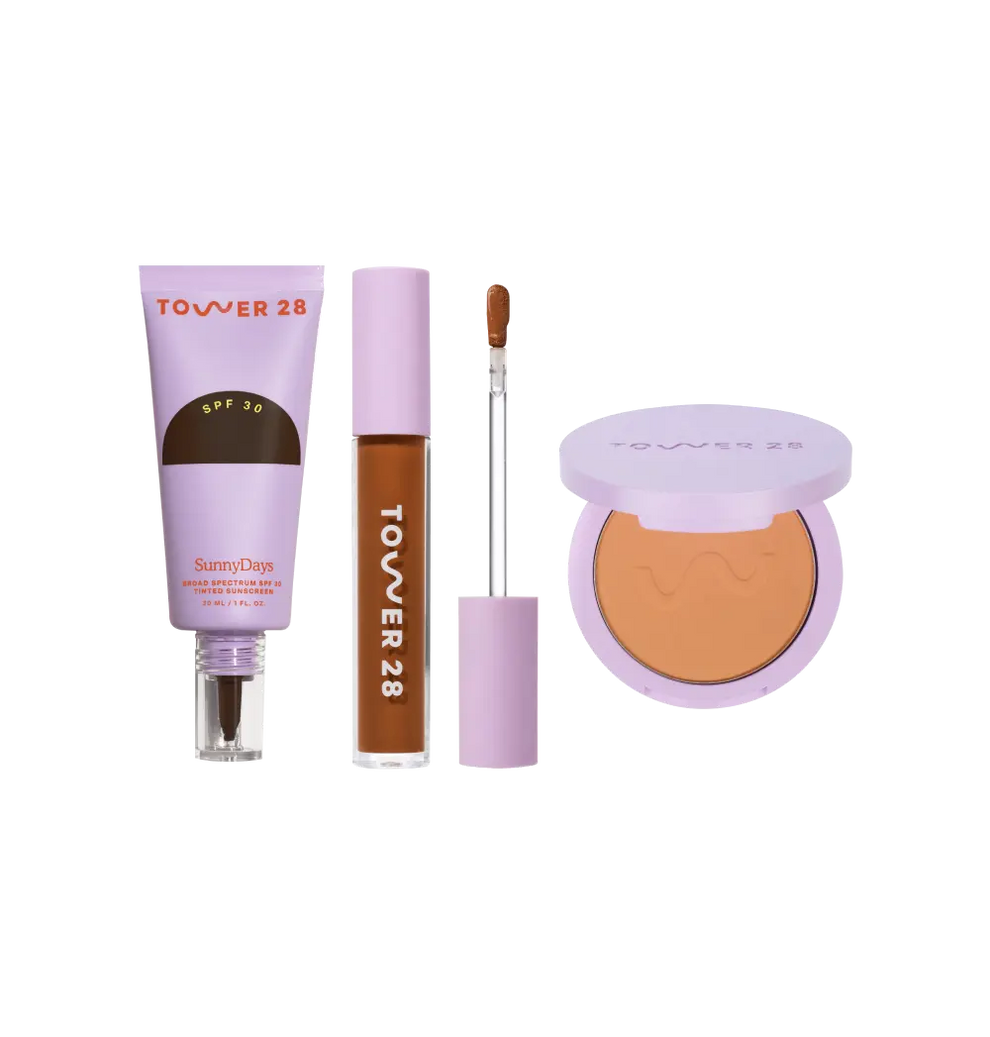 [Shared: The Complexion Trio features SunnyDays Tinted SPF 30, Swipe Serum Concealer, and GetSet Pressed Powder.