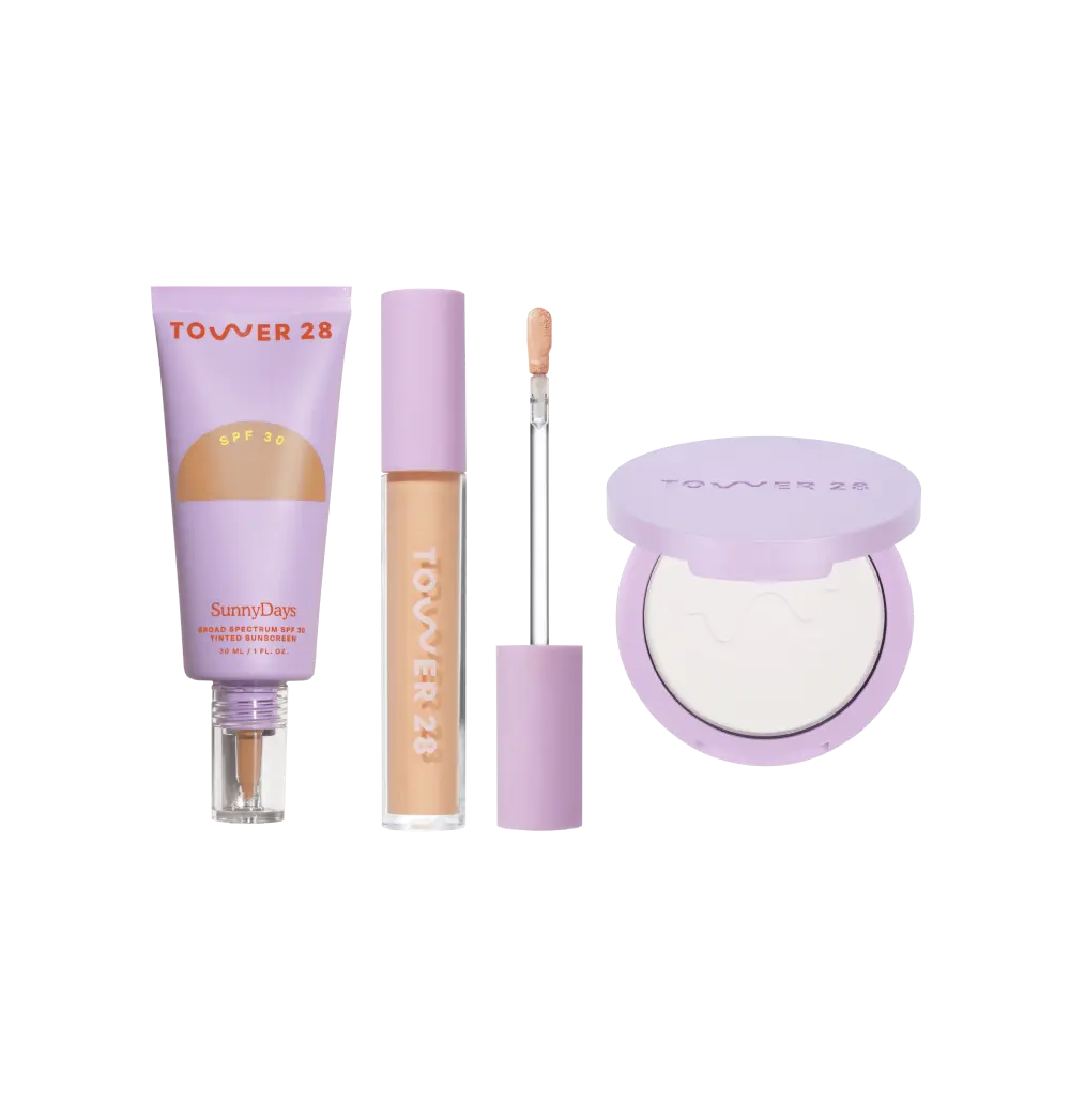 [Shared: The Complexion Trio features SunnyDays Tinted SPF 30, Swipe Serum Concealer, and GetSet Pressed Powder.]