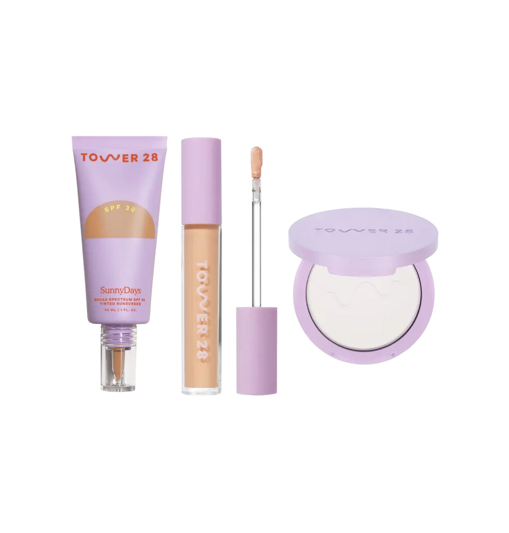 [Shared: The Complexion Trio features SunnyDays Tinted SPF 30, Swipe Serum Concealer, and GetSet Pressed Powder.