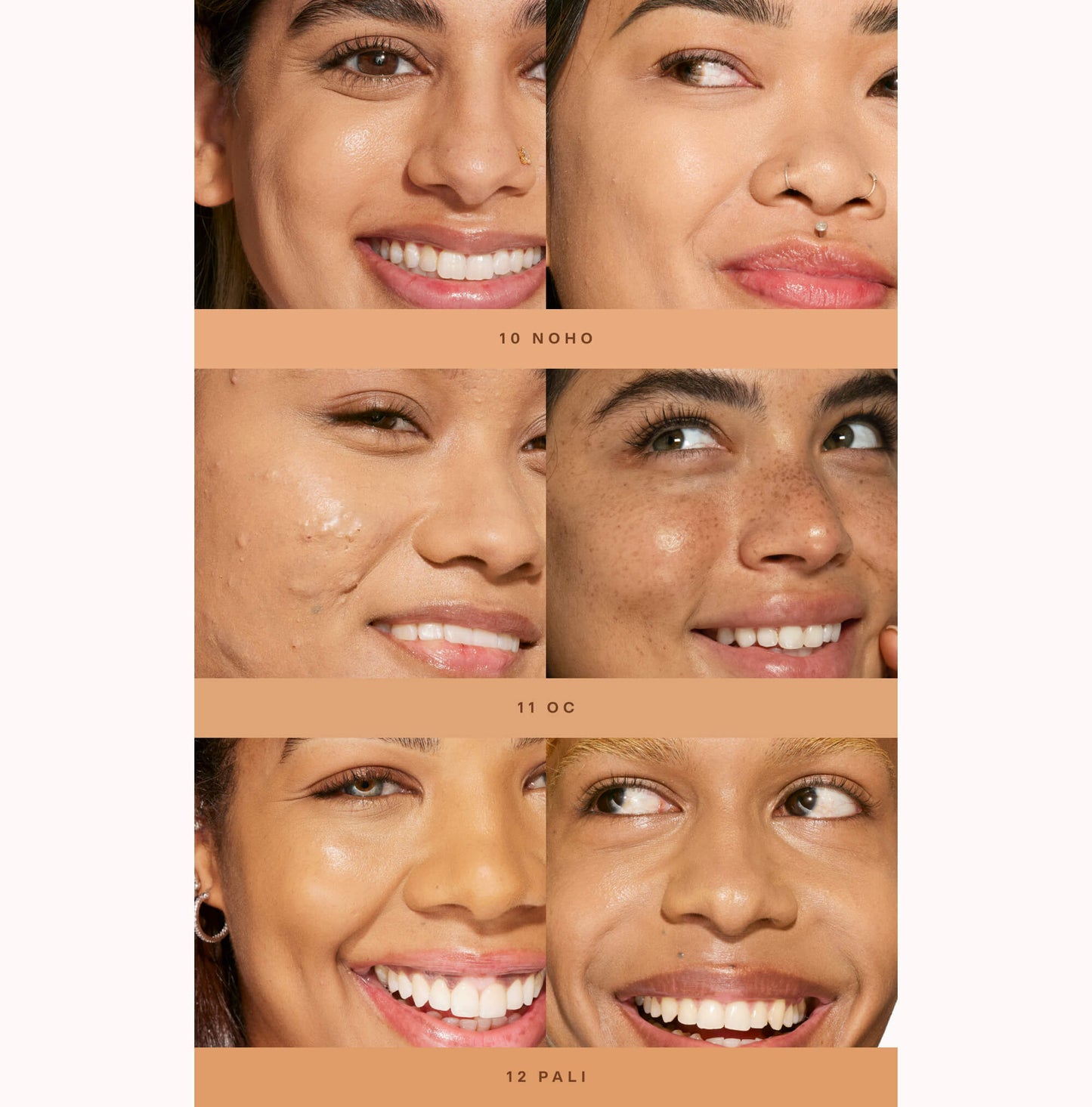 [Shade match chart showing 3 models wearing medium shades of Tower 28 Swipe Serum Concealer, including shades:10.0 NOHO,11.0 OC,12.0 PALI]