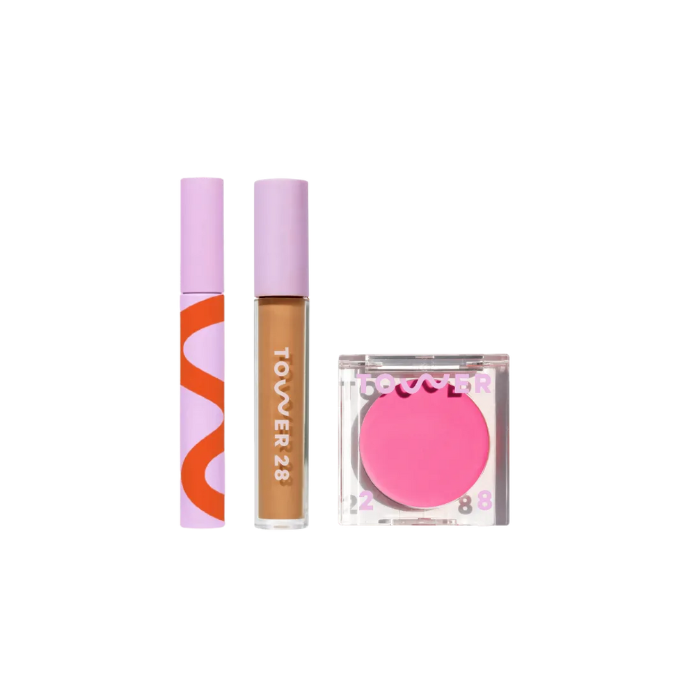 Shared Tower 28 Beauty's Go To Set which features MakeWaves™ Mascara, Swipe Serum Concealer, and BeachPlease Cream Blush