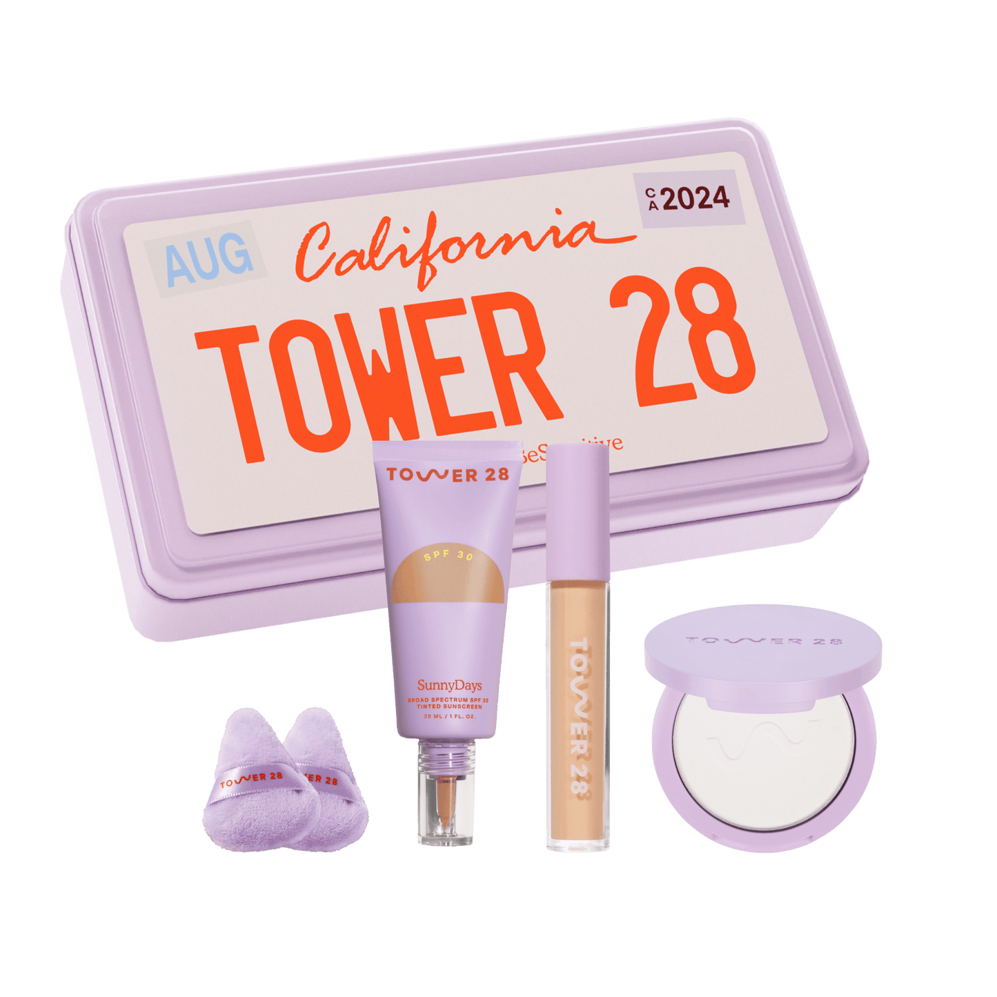 [Shared: The Complexion Trio features SunnyDays Tinted SPF 30, Swipe Serum Concealer, GetSet Pressed Powder, the GetSet Powder Puff Duo, and a limited edition tin.]