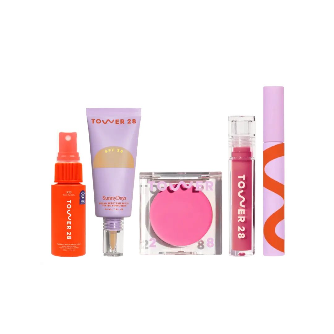 [Shared: Tower 28 Beauty Essentials Set featuring SOS Rescue Spray in 1 oz, SunnyDays SPF 30 Tinted Sunscreen, BeachPlease Cream Blush, ShineOn Lip Jelly, and MakeWaves Mascara]